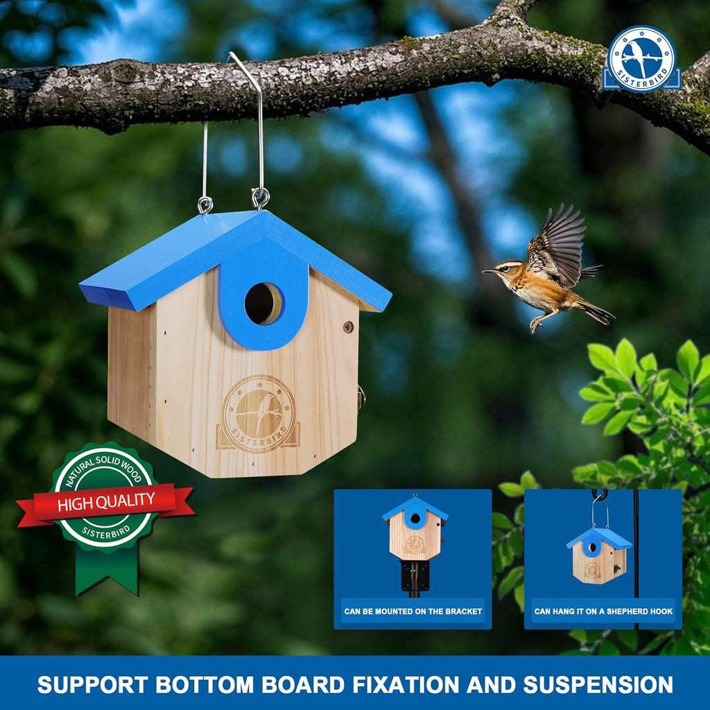 Wren Bird Houses for Outside Cedar Hanging Birdhouses for Outdoors 1-1/8" Entrance Hole Bird Houses for Outside Clearance Wooden Nesting Box Chickadee Predator Guard, Blue