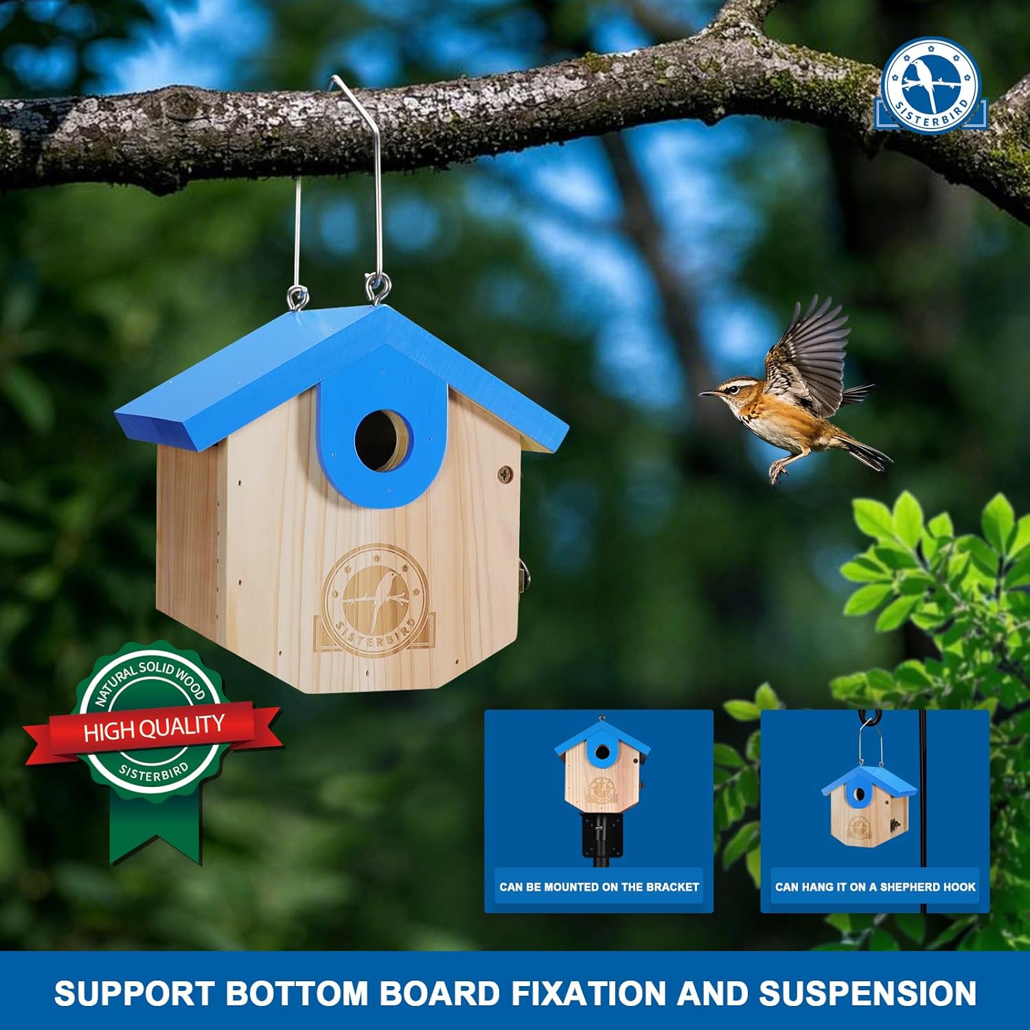 Wren Bird Houses for Outside Cedar Hanging Birdhouses for Outdoors 1-1/8" Entrance Hole Bird Houses for Outside Clearance Wooden Nesting Box Chickadee Predator Guard, Blue