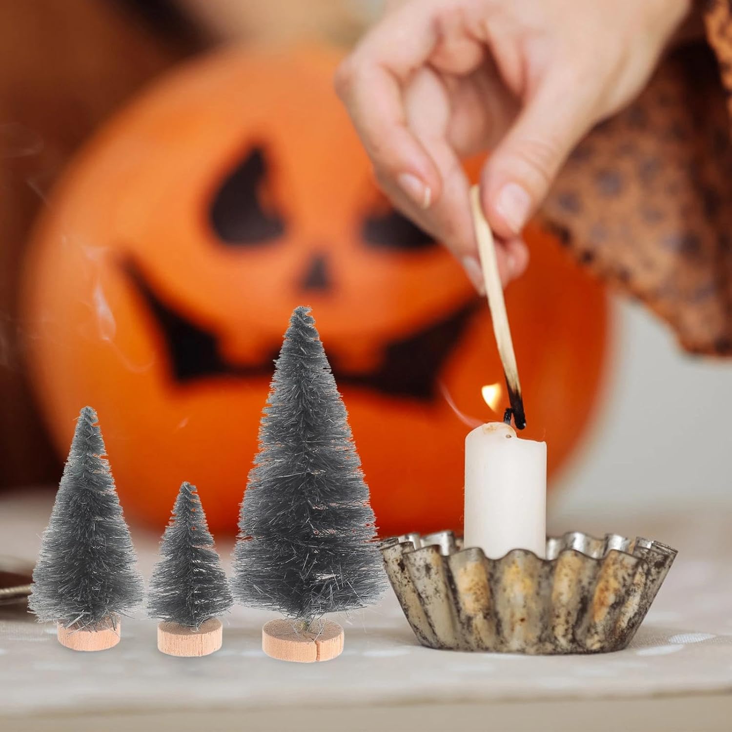 LUOZZY 12pcs Artificial Pine Trees Model Halloween Village Accessories Fake Mini Black Plant Trees Halloween Haunted House Decoration, 4.5CM+6.5CM+8.5CM
