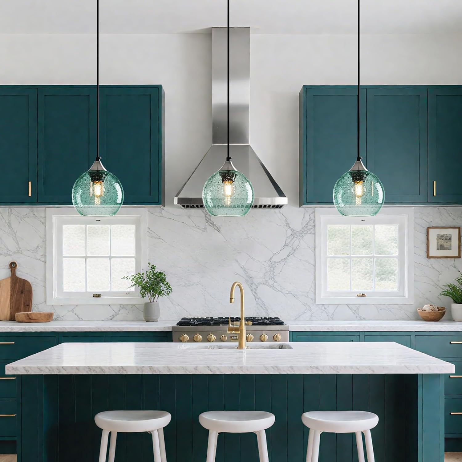 Light Green Glass Pendant Lights Kitchen Island Globe Pendant Light Fixtures Modern Pendant Lighting for Bedroom Living Dining Room Light Fixture (5.9 in, 3 Pack)