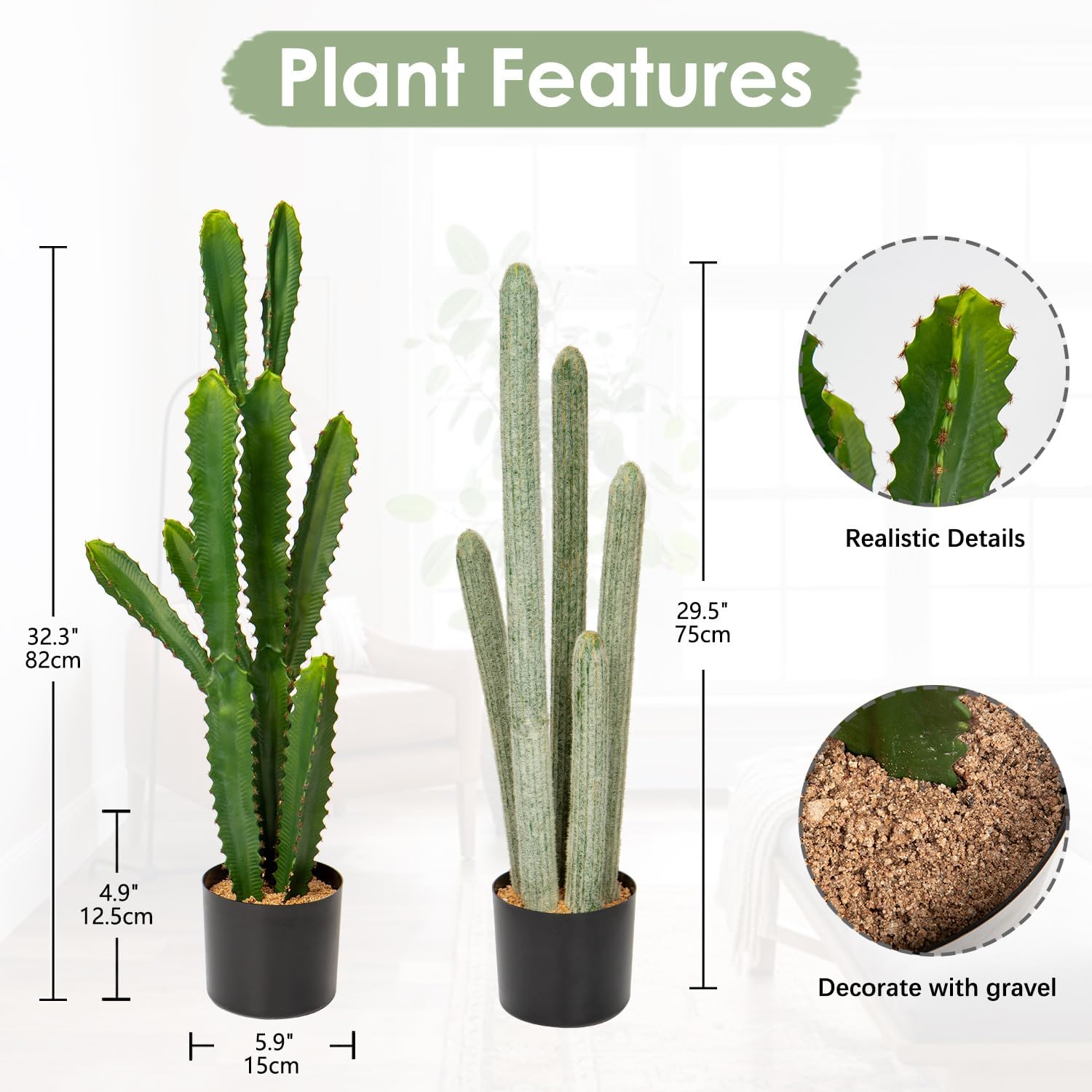 DILATATA 29.5”+32.5” Tall Fake Cactus Plant Potted Large Cactus 'Euphorbia Accruensis Cactus' Big Cacti Plants Artificial Cactus for Home Garden Office Decor Housewarming Gifts Faux Cacti-Set of 2