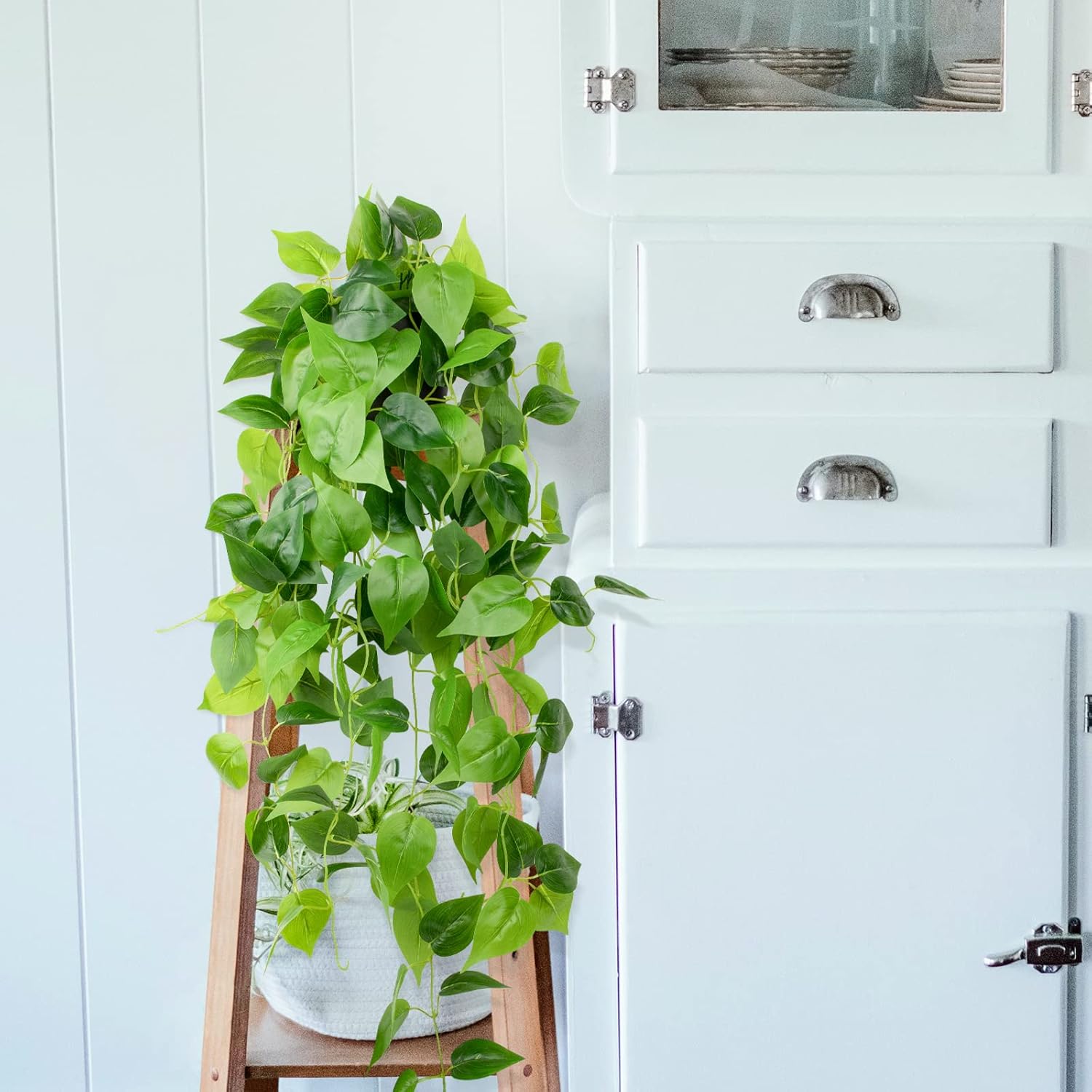 LOYWREE 35.4in Artificial Plants in Black Pot Realistic Fake Hanging Potted Greenery with Faux Ivy Vine & Pothos - Ideal for Shelf, Home, Office, Indoor & Outdoor Garden Decor