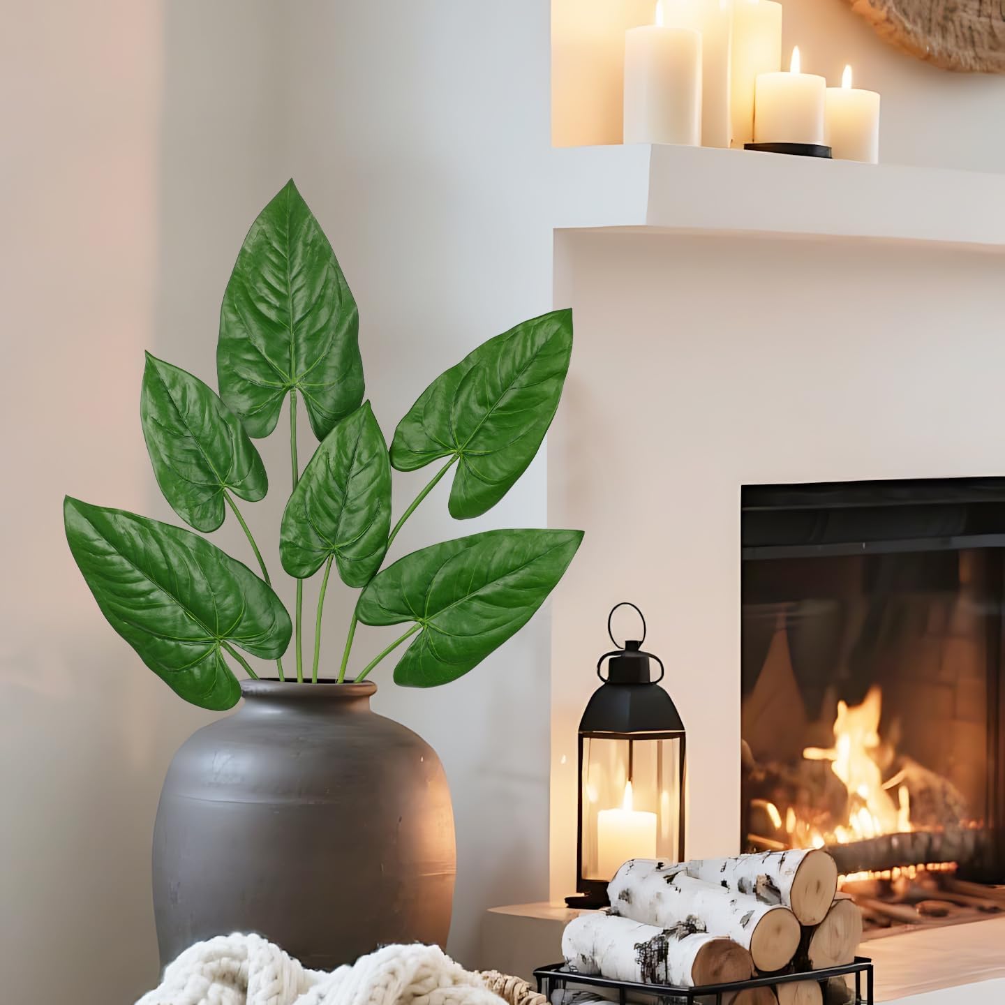 Hollyone 6 Pack Artificial Anthurium Leaves with Stems Real Touch Faux Anthurium Safari Leaf Fake Palm Tropical Plants for Vase Hawaiian Luau Party Jungle Beach Table Home Wedding Kitchen Decor