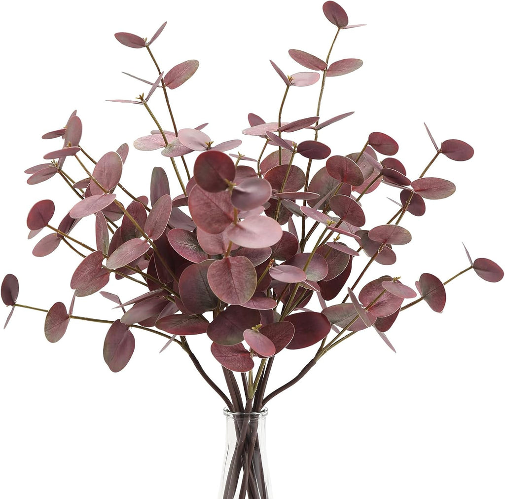 6pcs Real Touch Artificial Eucalyptus Stems Dual-Sided Lifelike Leaves Fake Eucalyptus Plants for Wedding Flower Arrangement Centerpiece Bouquet Home Office Decor(Purple)
