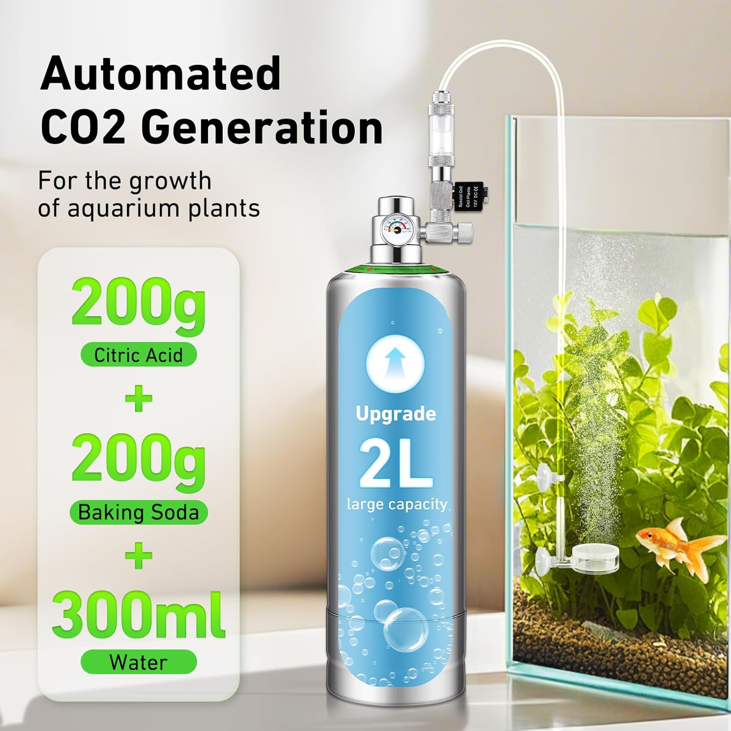 2L Aquarium CO2 Generator System, CO2 System Kit with Regulator and Needle Valve for Aquarium Plants Tanks