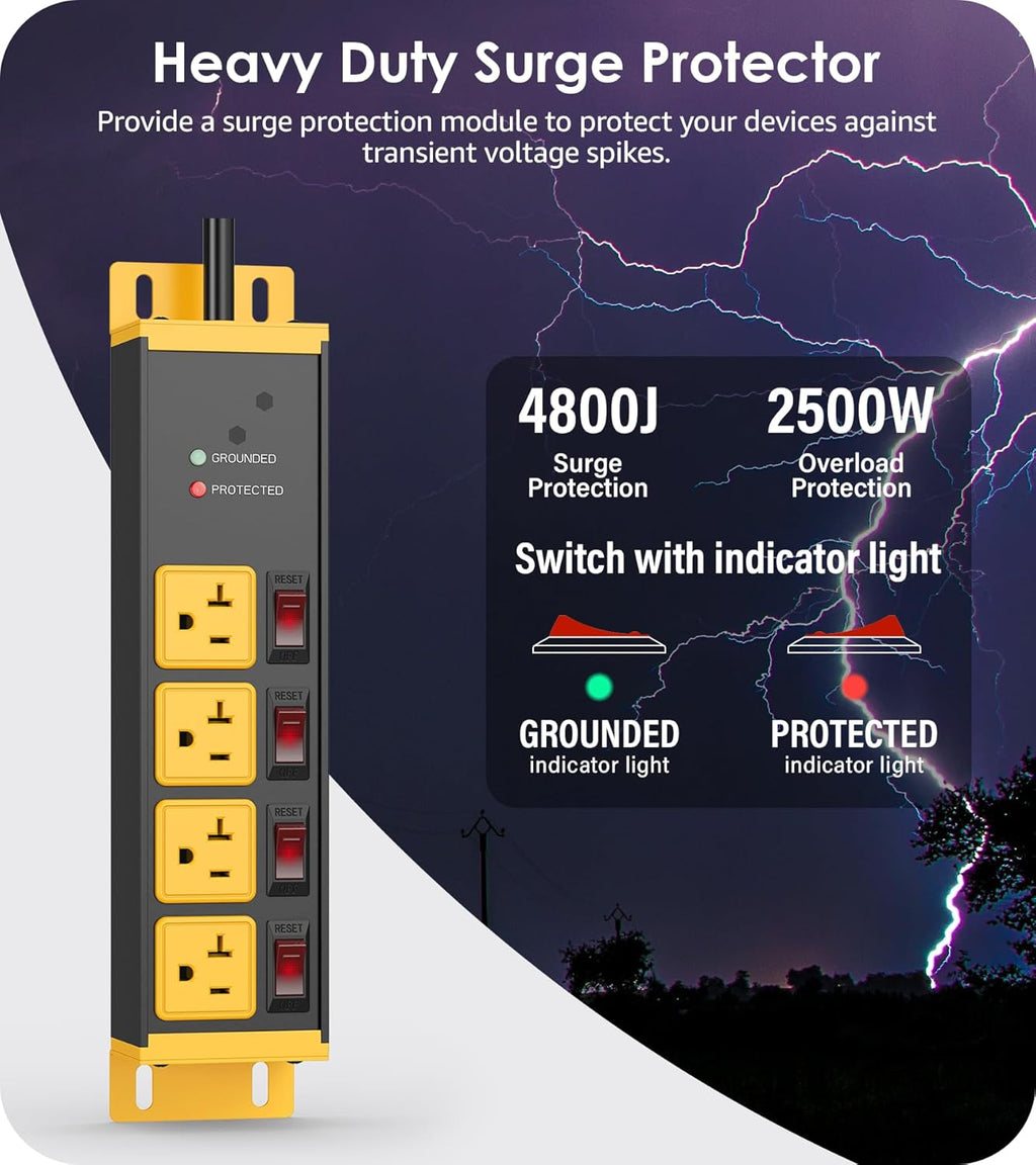 CCCEI Heavy Duty Surge Protector Power Strip 20 Amp Individual Switches. 20FT 12 Gauge Extension Cord with Multiple Outlets. Kitchen, Garage, Shop, Industrial Wall Mount Electric Extender, Yellow.