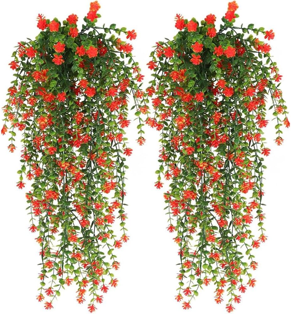 Artificial Hanging Flowers for Outdoor Indoor Decor, 6 Packs Fake Eucalyptus Vine Faux Flower Greenery Garland Plastic Plants Outside UV Resistant Wall Garden Wedding Home Party Decor (Orange)