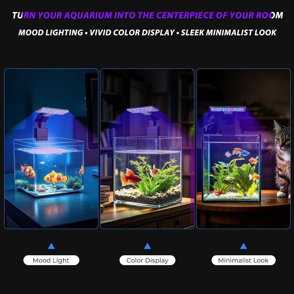 Mini Clip-On Aquarium Light 7W USB Dimmable Fish Tank Lamp with 3 Light Modes (Full Spectrum/White/RGB), 9-Level Brightness, Compact LED Light for 1–3 Gallon Aquariums (Adapter Not Included)