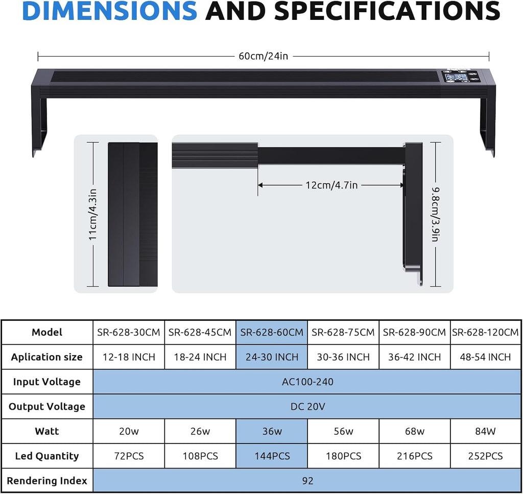 SEAOURA 24/7 LED Aquarium Light for 24-30 Inch Fish Tank, Auto On Off with Timer, 9 Colors, Adjustable Brightness, Daylight & Moonlight Mode, Full Spectrum Fish Tank Light for Plants, 36W