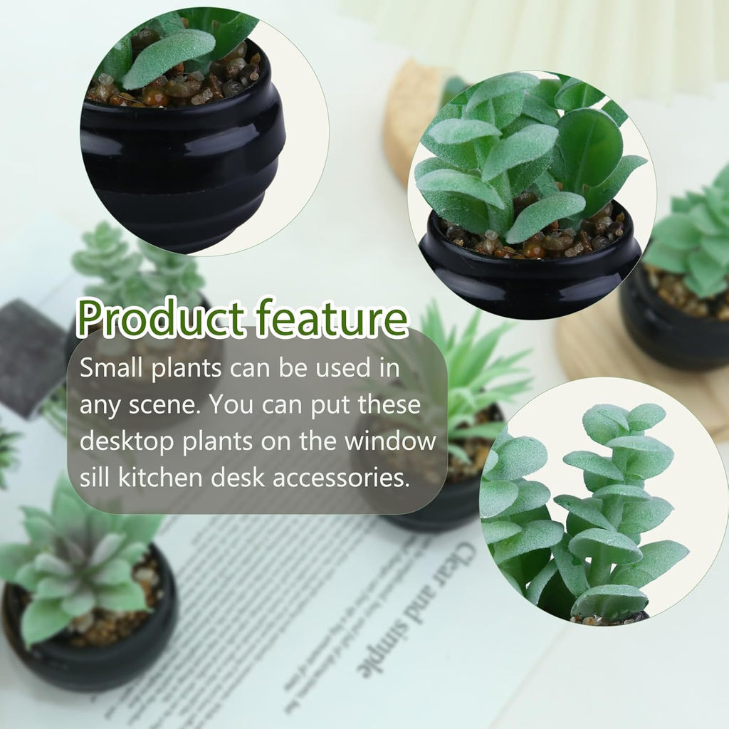 GREENTIME 6 Pcs Green Artificial Succulent Plants in Mini Black Plastic Pots Small Fake Succulent Plant Faux Indoor Decor Bedroom Desk Bathroom Office Living Room Table Shelf Home Decoration