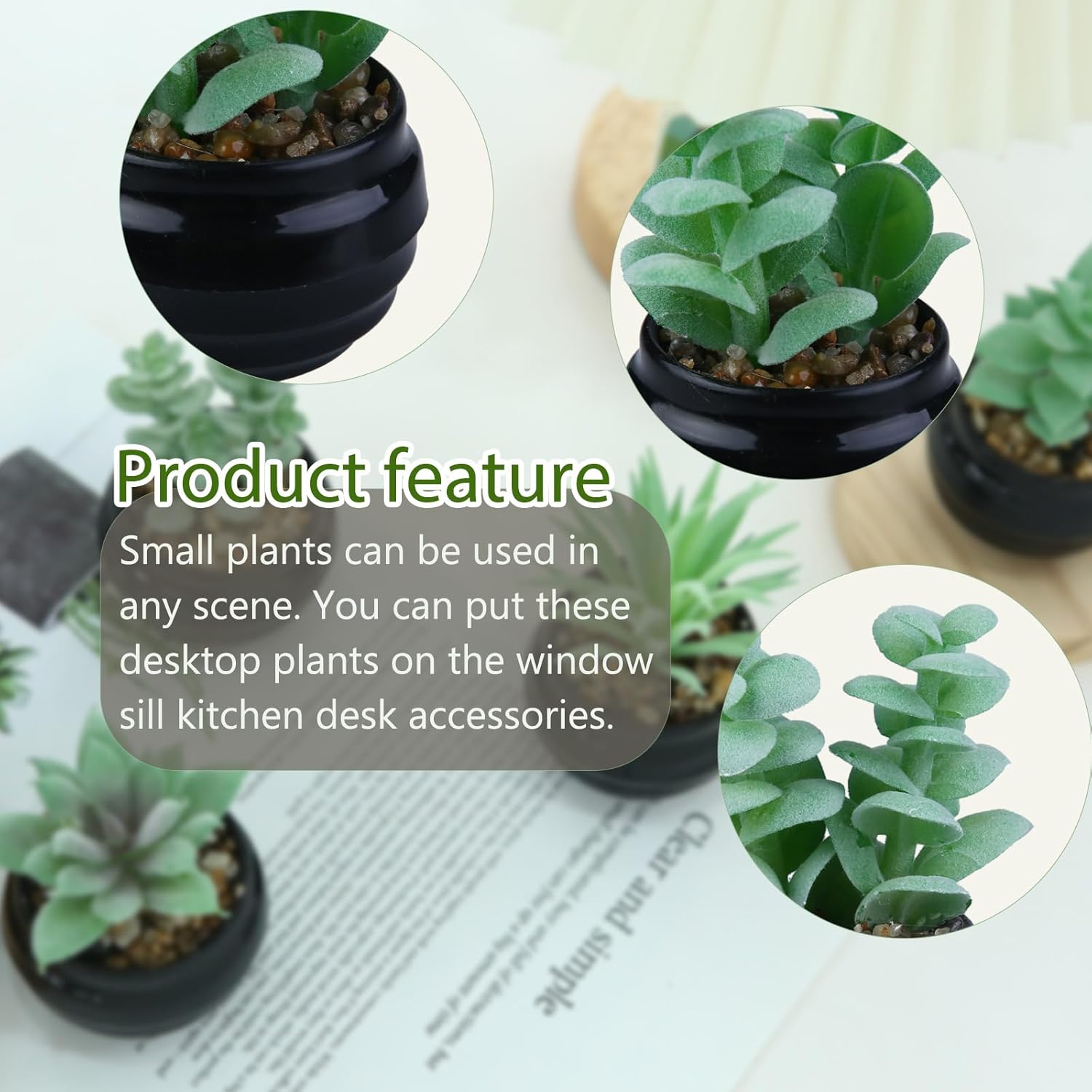 GREENTIME 6 Pcs Green Artificial Succulent Plants in Mini Black Plastic Pots Small Fake Succulent Plant Faux Indoor Decor Bedroom Desk Bathroom Office Living Room Table Shelf Home Decoration