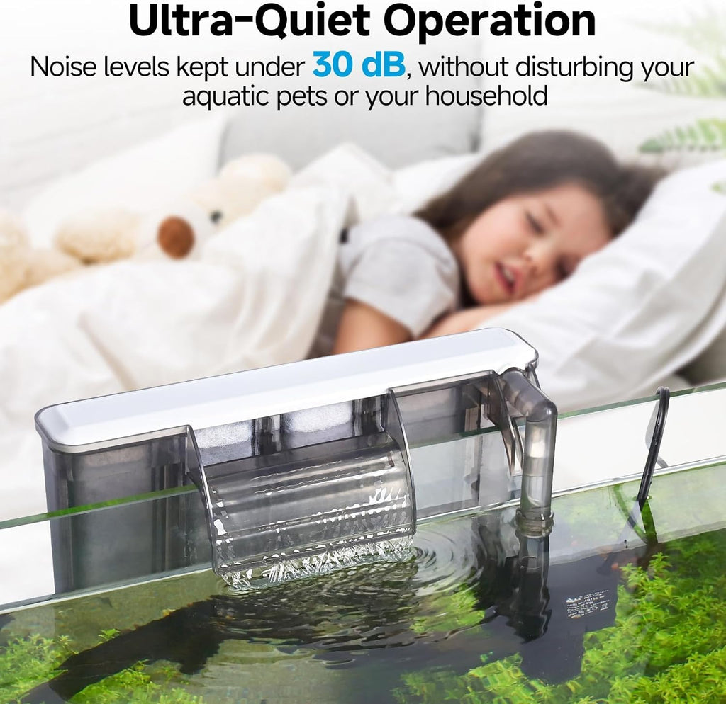 AQQA Quiet 30-50 Gallon Fish Tank Filters - Auto Start Hang on Back Aquarium Filter, Adjustable Flow, Deodorization Decontamination Filter System AQ168 (8W 200GPH)