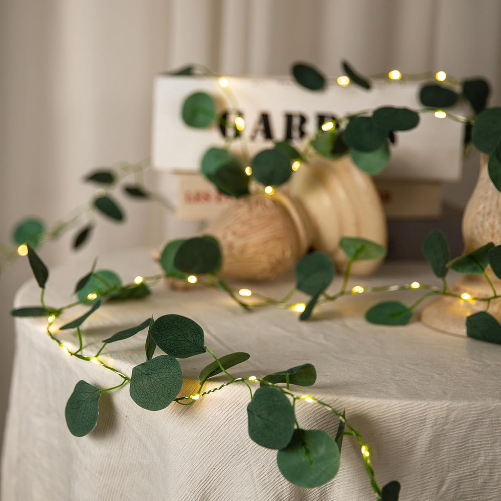 2 Pack 6.56 Ft Vine Lights Eucalyptus Leaf Lights Battery Operated, 40 LEDs Artifical Garland Plant Leaves with Light for Wedding, Garden, Patio, Bedroom, Stair Railing Decor (Warm White)
