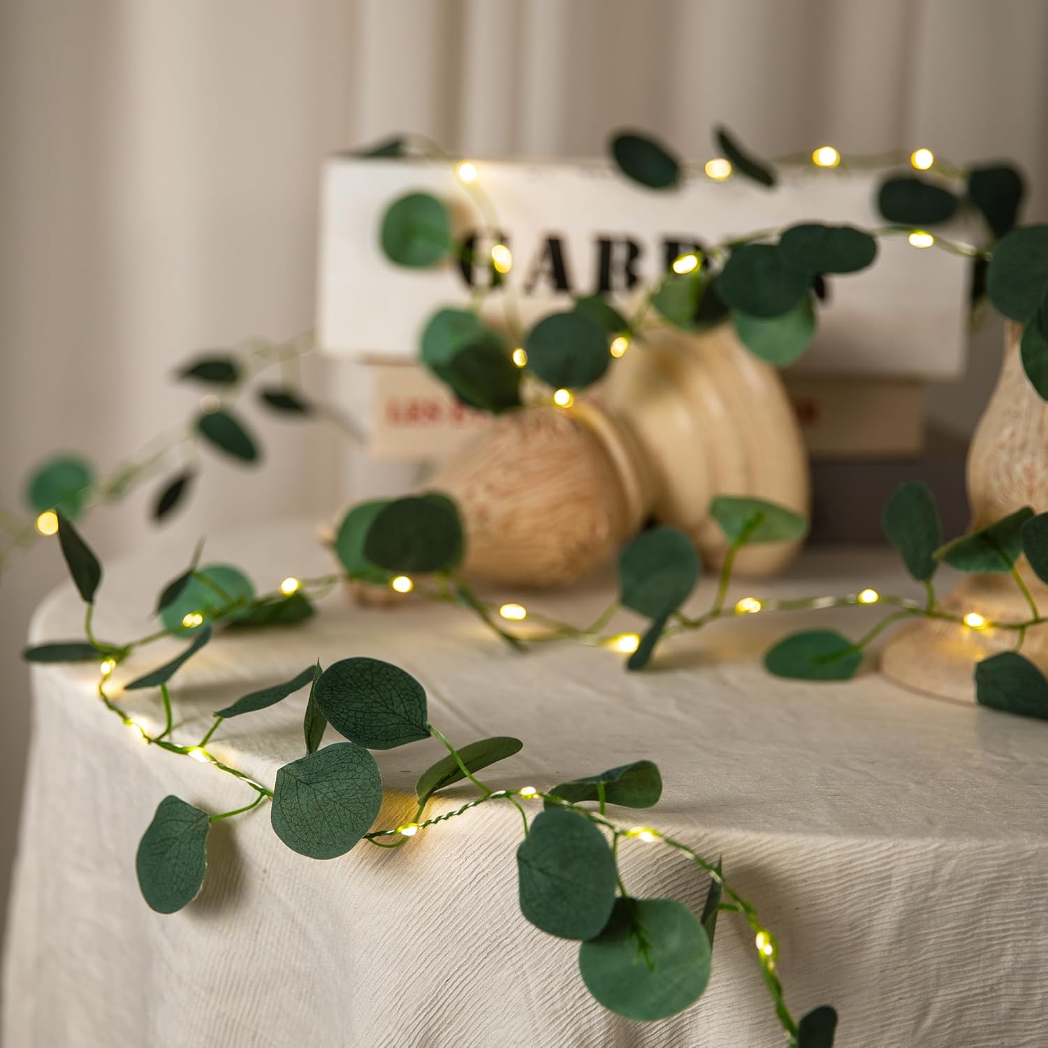 2 Pack 6.56 Ft Vine Lights Eucalyptus Leaf Lights Battery Operated, 40 LEDs Artifical Garland Plant Leaves with Light for Wedding, Garden, Patio, Bedroom, Stair Railing Decor (Warm White)