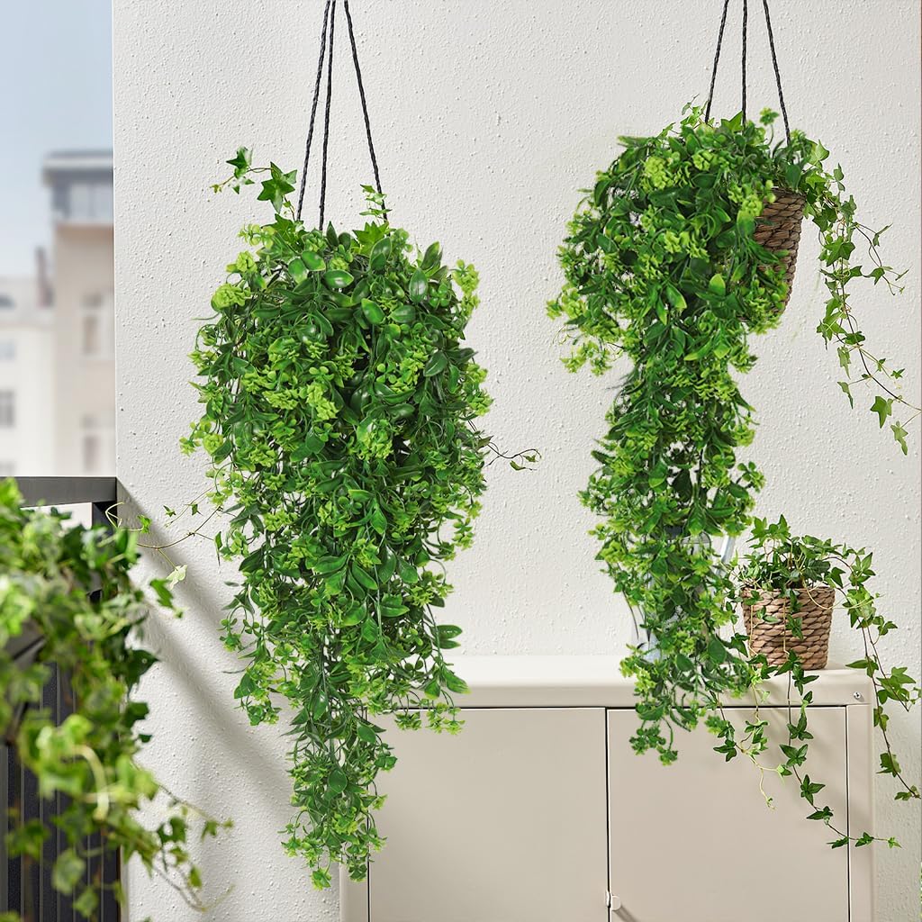 RECUTMS Fake Hanging Plants 2Pcs Outdoor Greenery Artificial Hanging Flower for Outdoors Hanging Basket Artificial Hanging Plants Plastic Home Garden Wedding Party Shelf Aesthetic Decorations(Green)