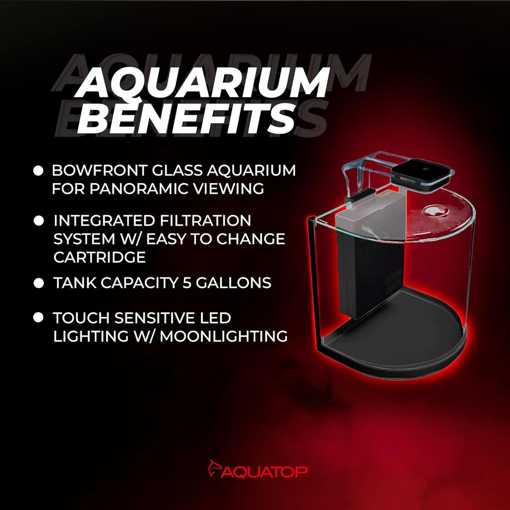 Aquatop Pisces Curved Bowfront Aquarium, 5-Gal Nano Tank – 53 GPH Flow Rate – Semi-Circle Glass Aquarium Kit with Touch Sensitive LED Light & Filter
