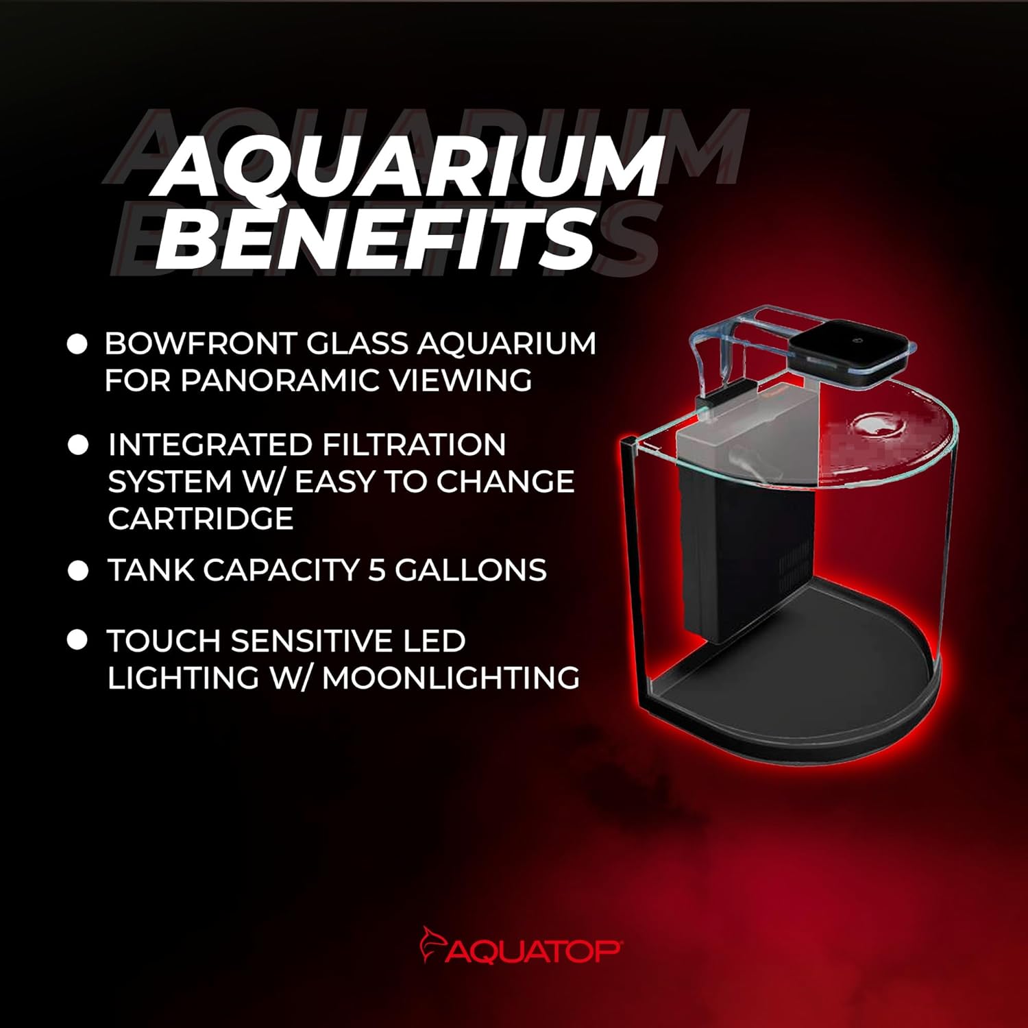 Aquatop Pisces Curved Bowfront Aquarium, 5-Gal Nano Tank – 53 GPH Flow Rate – Semi-Circle Glass Aquarium Kit with Touch Sensitive LED Light & Filter