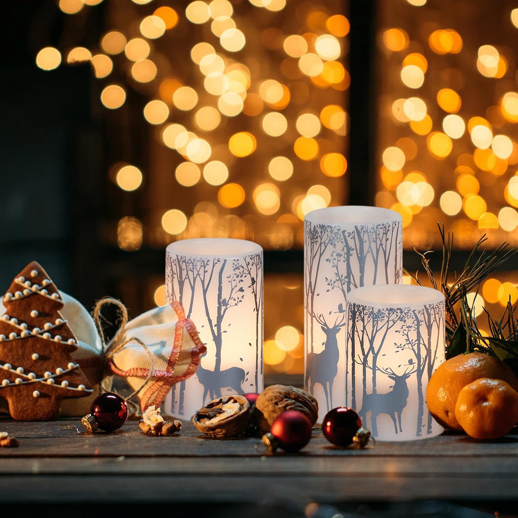 GenSwin Flameless Candles with Timer, Christmas LED Flickering Candles Real Wax with Silver Deer Decals, 3 Pack Pillar Fake Candle for Winter Indoor Fireplace Christmas Decor(D3” x H4”5”6”)