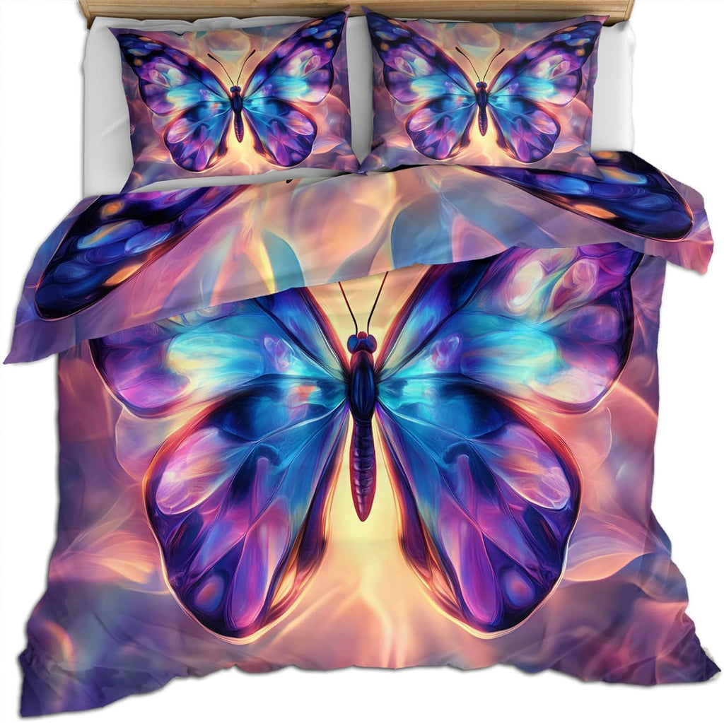 Beautiful Butterfly Duvet Cover King Size, Colorful Butterfly Bedding Set 3 Piece Bedroom Decor Neon Purple Comforter Cover and 2 Pillow Sham with Zipper Closure