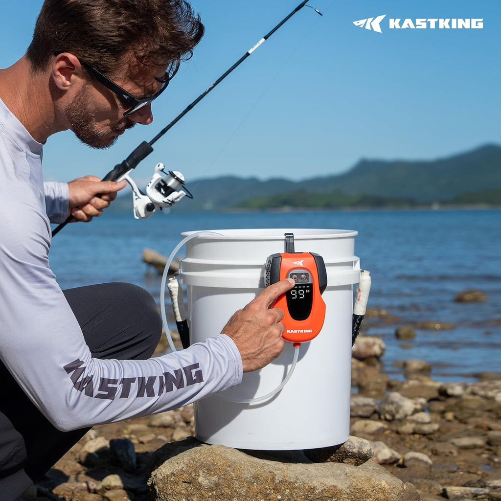 KastKing Li3 Rechargeable Live Bait Aerator, Lithium-Ion Battery, LCD Runtime Display, Large Aeration Stone, Aerator for Fish and Bait Buckets