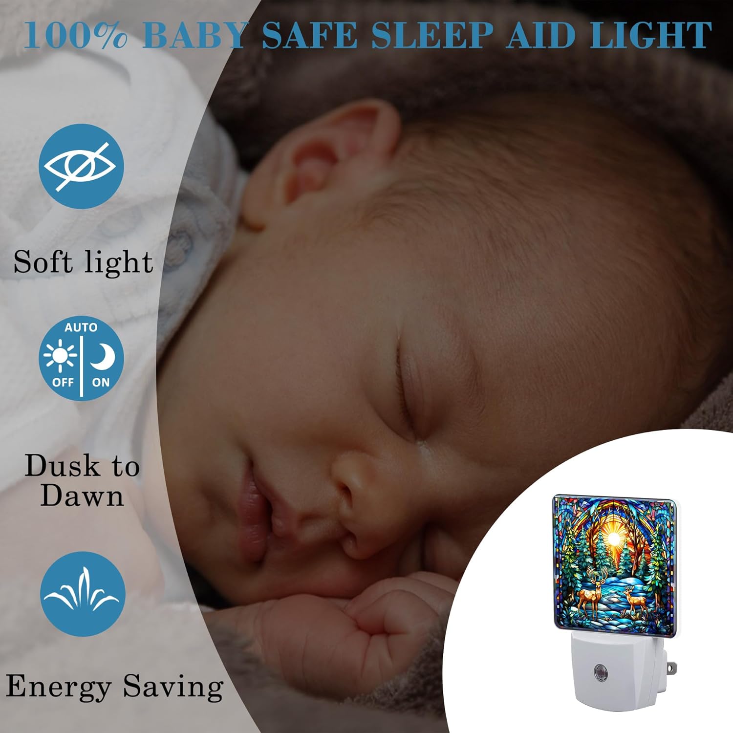 Plug in Night Lights Christmas Stained Glass Deer Nightlight Plug Into Wall Dusk to Dawn Sensor LED Night Light for Kid Girls Boys Women Room Decor,Hallway,Kitchen,Bathroom,Nursery,Stairs