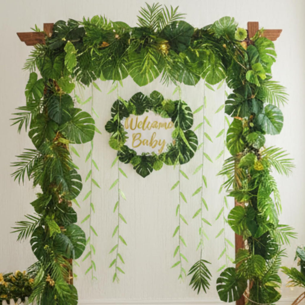 XunYee 110 Pcs Artificial Vines Greenery Garland and Monstera Palm Leaves Decoration Set, Fake Wicker Rattan Vines Tropical Faux Leaves Bulk for Jungle Safari Baby Shower Plant Party Decoration