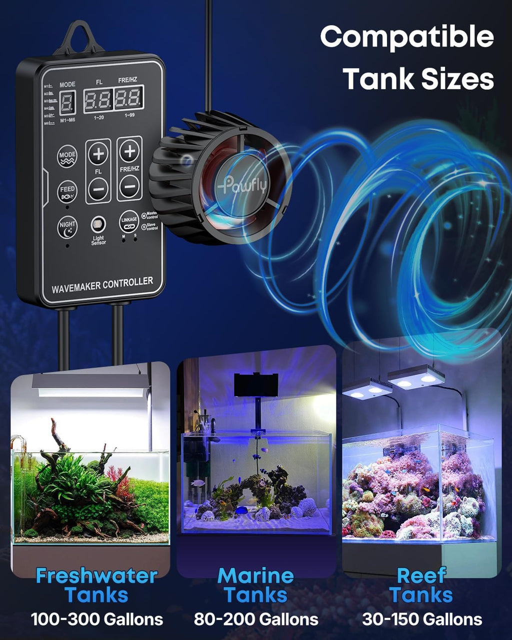 Pawfly 2100 GPH Wave Maker for Aquarium, DC 24V 10W Aquarium Powerhead with LED Controller, Quiet Submersible Wavemaker, Water Circulation Pump for 30-300 Gallon Freshwater Saltwater Tank