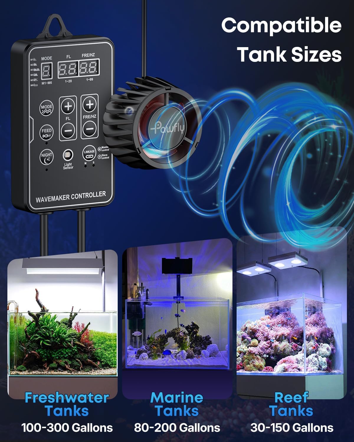 Pawfly 2100 GPH Wave Maker for Aquarium, DC 24V 10W Aquarium Powerhead with LED Controller, Quiet Submersible Wavemaker, Water Circulation Pump for 30-300 Gallon Freshwater Saltwater Tank