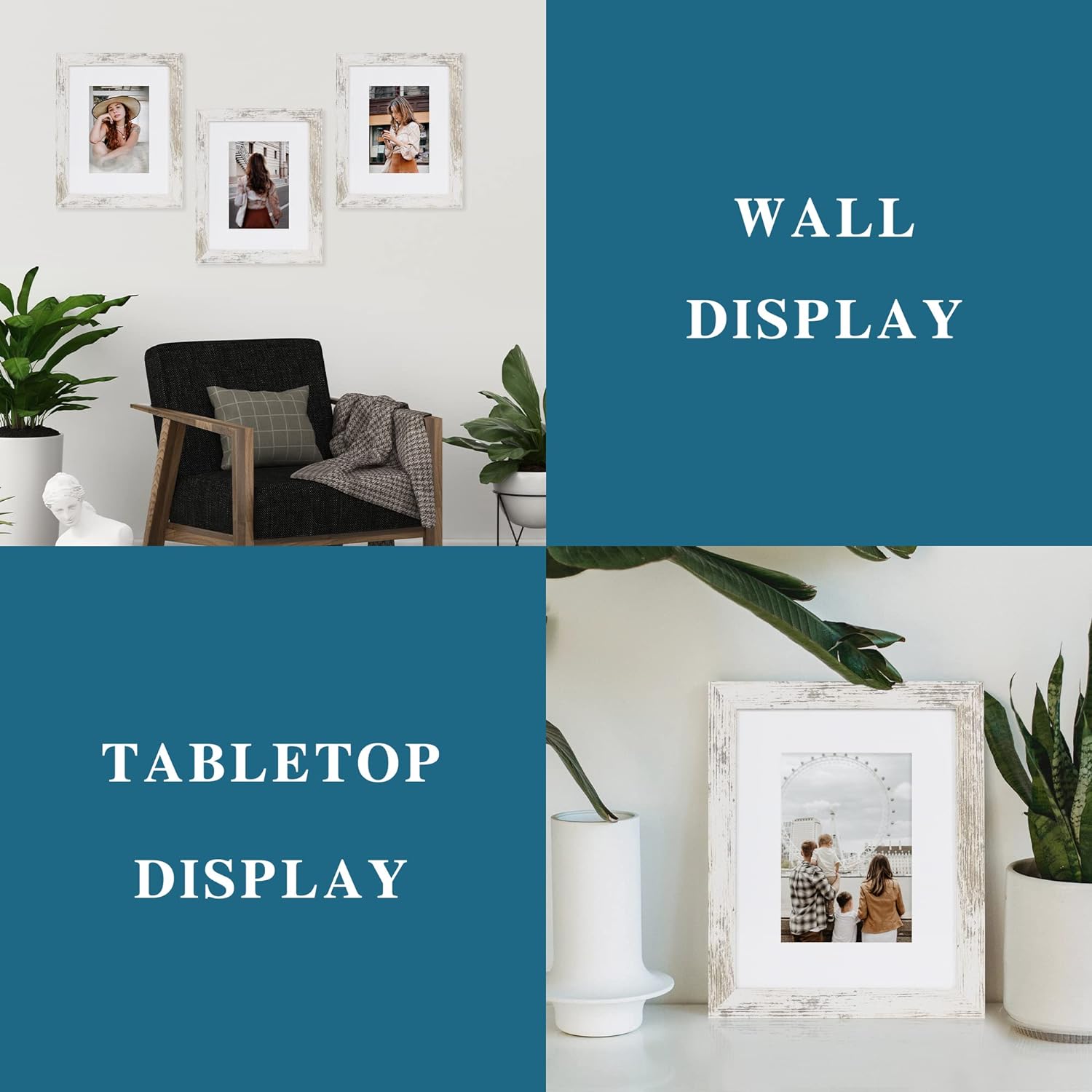 8x10 Picture Frame Set of 4, Made of Real Glass and Distressed White Wooden Frame, 8 by 10 Photo for Wall or Tabletop - Display Picture 5x7 with Mat or 8x10 Without Mat