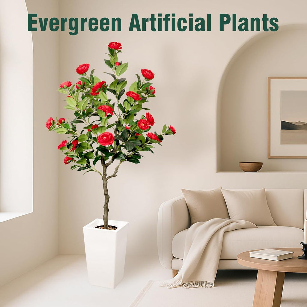 Artificial Camellia Tree 5FT, Red Flower Tree in White Pot, Faux Outdoor Indoor Plant, Potted Artificial Flower for Home Office Housewarming Porch Decor (61'' Height)