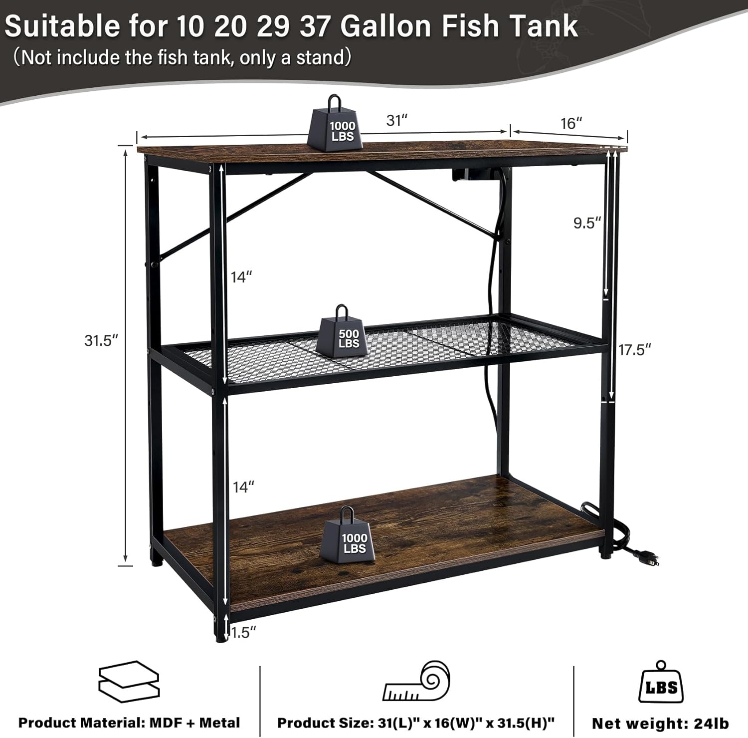 TC-HOMENY Fish Tank Stand 10/20/29/37 Gallon, Aquarium Stand with Charging Station,1000LB Capacity ,31" L x 16" W Metal Reptile Tank Stand, Double Storage Design Adjustable Boards, Brown(Tank not Included)
