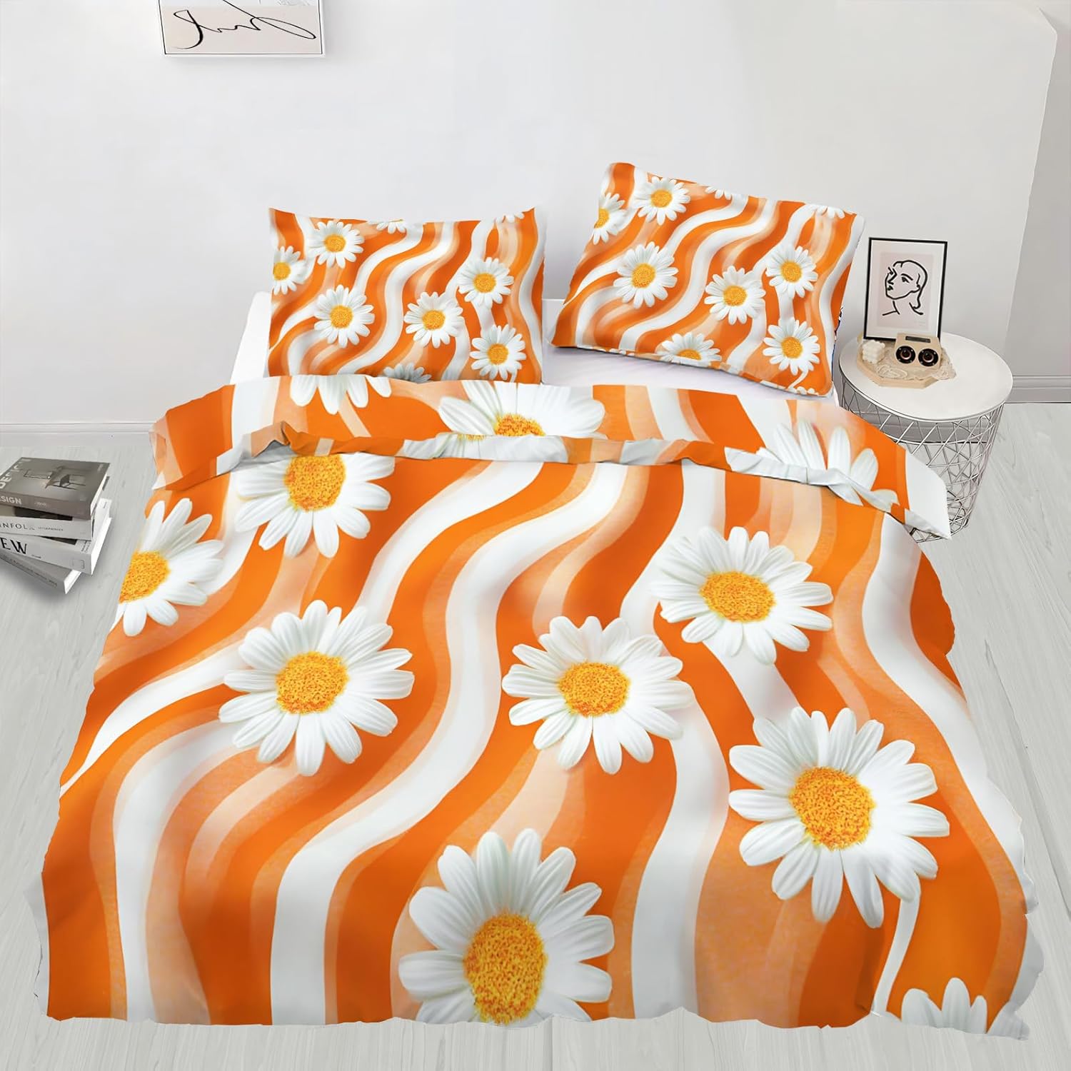 Orange Groovy Duvet Cover King Size, Retro Hippie Flower Bedding Set 3 Piece Bedroom Decor Vibrant Daisy Comforter Cover with Zipper Ties & 2 Pillowcases