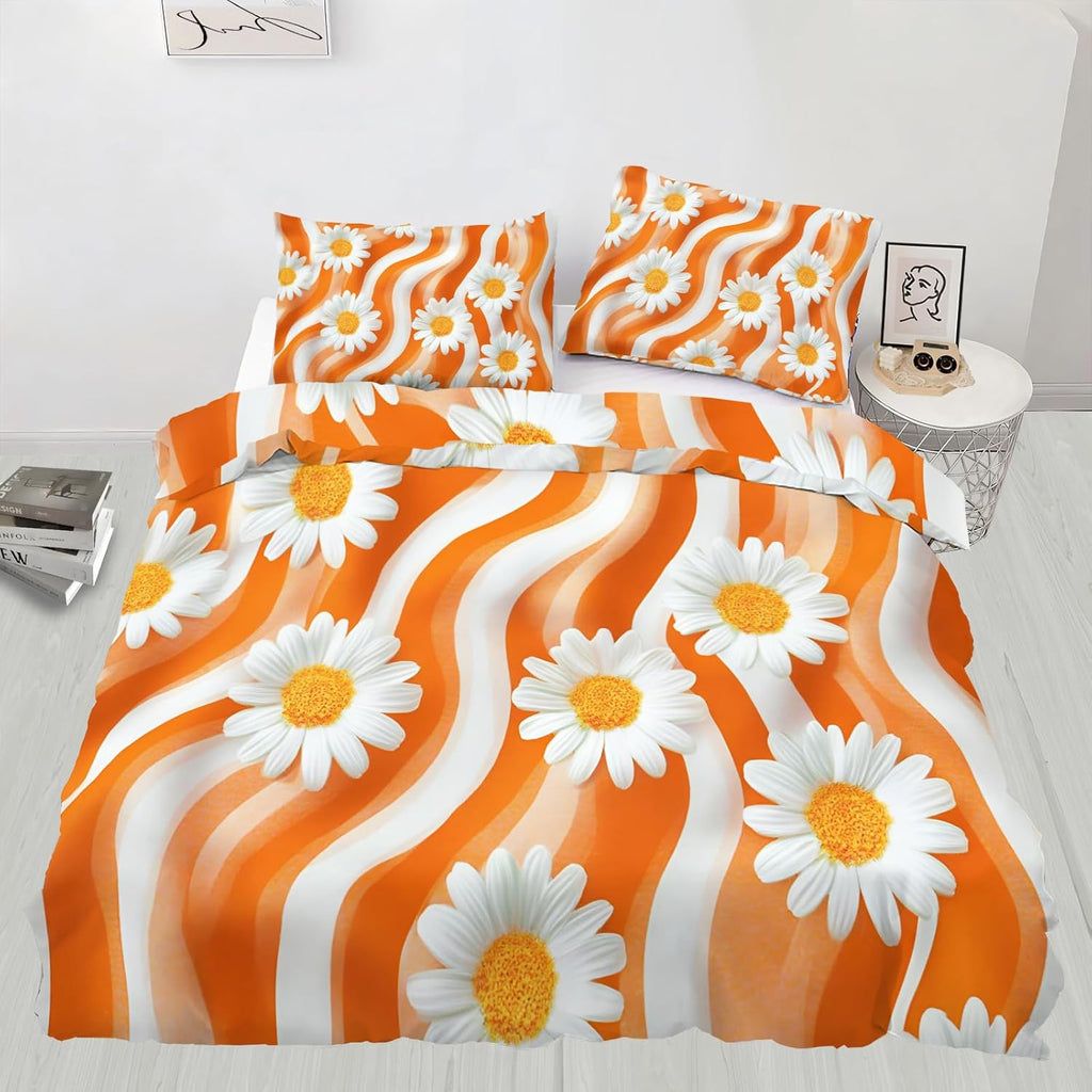 Orange Groovy Duvet Cover Twin Size, Retro Hippie Flower Bedding Set 2 Piece Kids and Adults Vibrant Daisy Comforter Cover with Zipper Ties & 1 Pillowcases