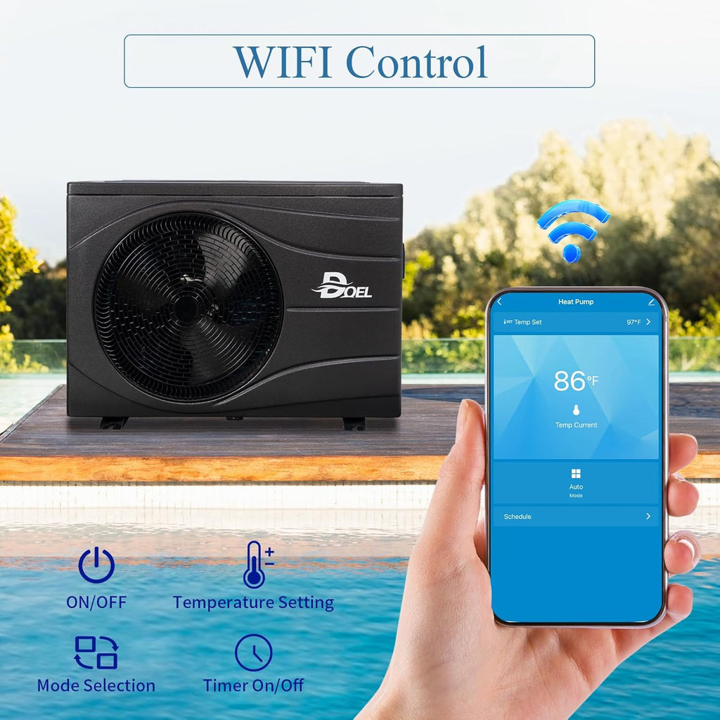 DOEL Swimming Pool Heat Pump, 44000BTU Full DC Inverter Pool Heater for Above and In Ground Pools and Spas, 13kW High Efficiency Pool Heater with WiFi Smart Control Panel, 220-240v