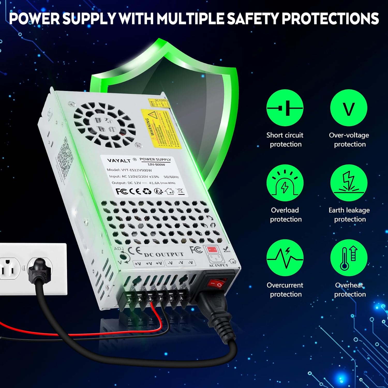 VAYALT DC 12V 41.6A 500W Switching Power Supply, 110V/220 V Power Supply AC to DC Converter, Universal Regulated Switching,12V Power Supply for CCTV Camera System,3D Printer,Led Strip,Computer Project