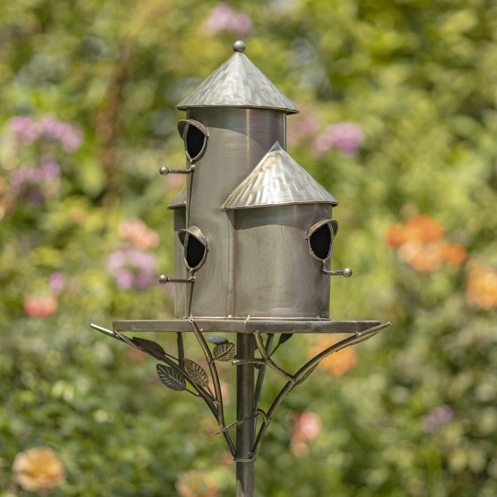 Zaer Ltd. Large Silver Colored Multi-Birdhouse Stakes, Room for 4 Bird Families in Each (Plump Triple Cylinder Homes (Silver Color))