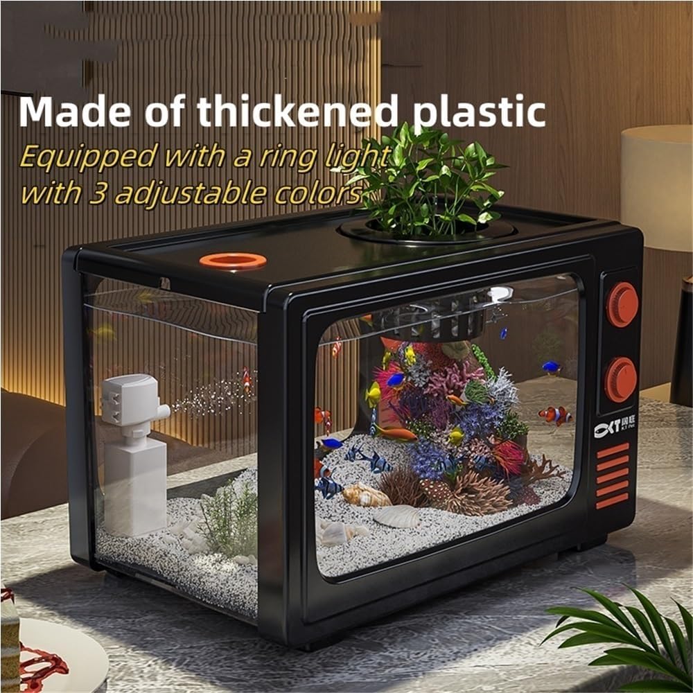 3 Gallon Desktop Aquarium, Retro TV Fish Tank, Fish Tank with Multi-Function Filter, High Transparency Fish Aquarium Made of AS Materials(Black,8.3x8.5x15.3in)