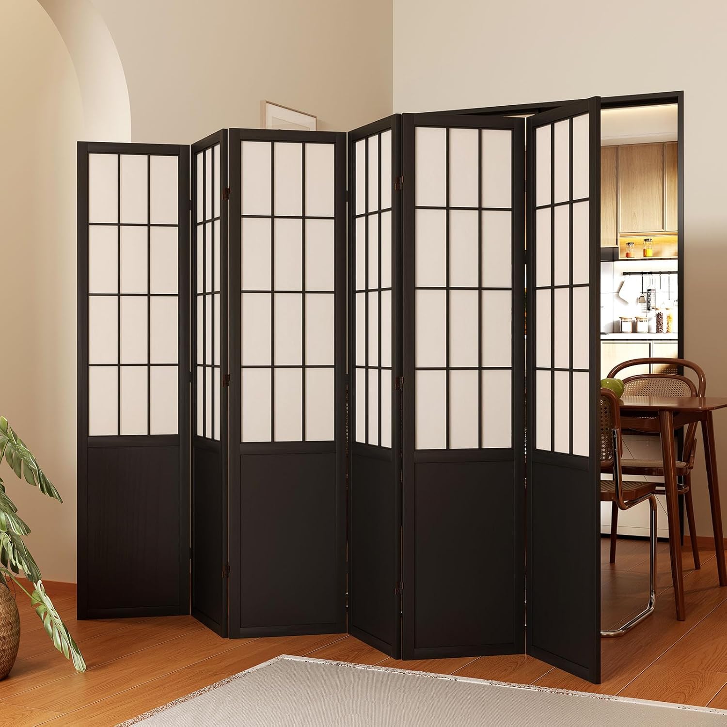 Room Divider, 66.9Inch Tall Japanese Shoji Style Folding Wood Screen with Double Hinges for Home Office Bedroom Hotel Decoration (6Panels, Black)