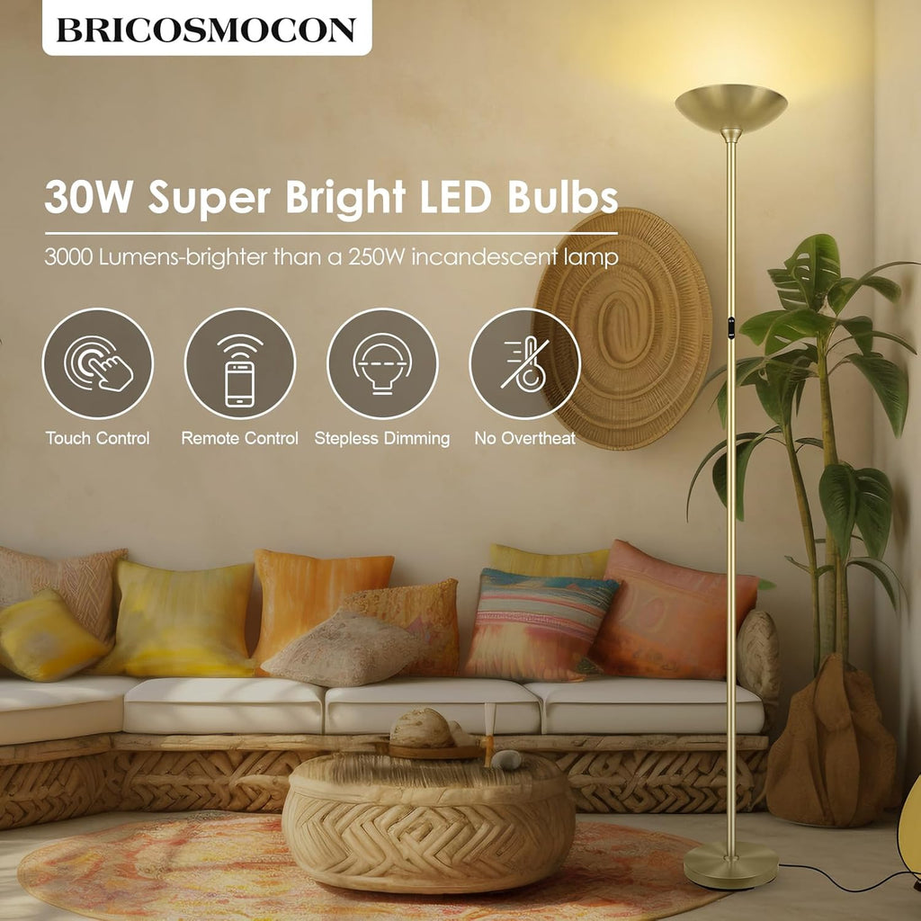 Stepless Dimmable Floor Lamp,30W 3000LM Super Bright LED Torchiere Floor Lamps with Remote & Touch Control,71 In Tall Modern Pole Standing Lamp for Living Room Bedroom Office,2700k-6500k,Golden