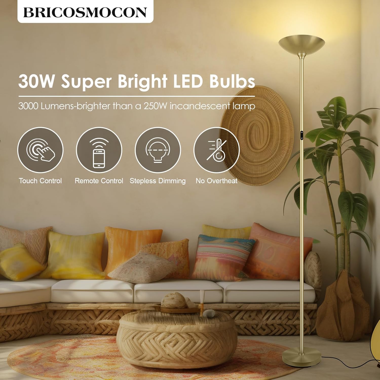 Stepless Dimmable Floor Lamp,30W 3000LM Super Bright LED Torchiere Floor Lamps with Remote & Touch Control,71 In Tall Modern Pole Standing Lamp for Living Room Bedroom Office,2700k-6500k,Golden