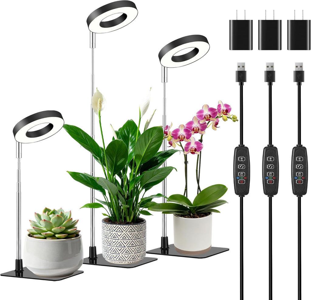 Black 3.54" LED Grow Light, Full Spectrum Plant Lights for Indoor Growing with 3/9/12H Timer, 3 Color Modes, 10 Brightness, Height Adjustable，Small Halo Grow Light with Base, 3 Pack