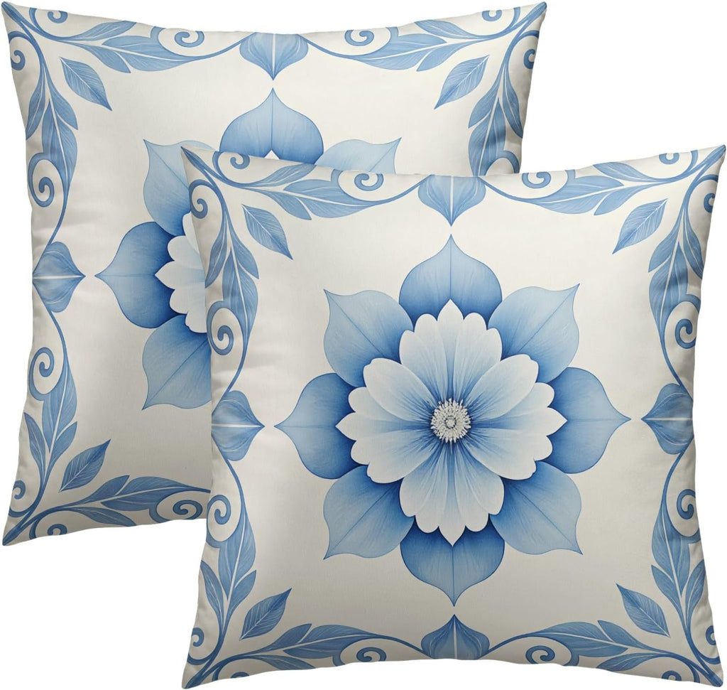 Boho Blue & White Floral Throw Pillow Covers Set of 2 Ultra-Soft All-Season Pillow Shams with Hidden Zipper,Durable for Sofa Bed Car Decor & Gift Luxury 18x18IN