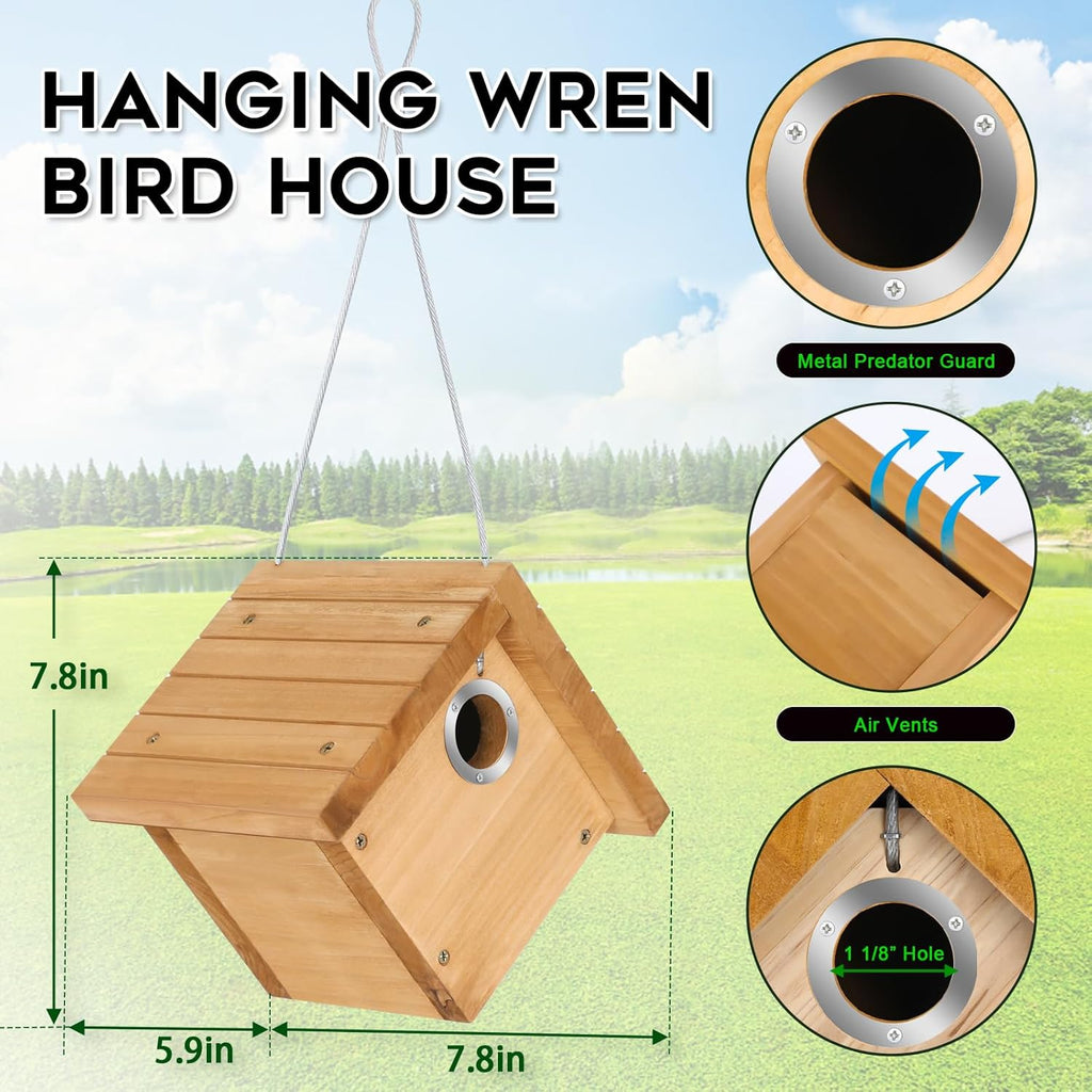Gtongoko 1-1/8" Entrance Hole Wren House, Hanging Wren Bird Houses for Outside for Nesting with Metal Guar Bird Nest with Air Vents, Clean Door for Wildbird Watching 1 Pack