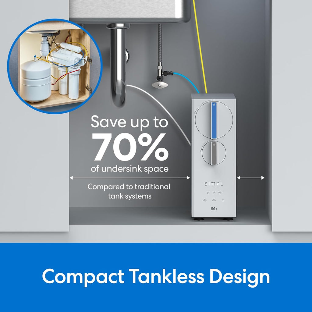 Brio SIMPL Reverse Osmosis Tankless Water Filter System for Clean Drinking Water | 4-Stage Undersink 0.0001 Micron RO Filtration | Reduces PFAS, Dirt, Rust, Chlorine, VOCs & Heavy Metals | 400 GPD
