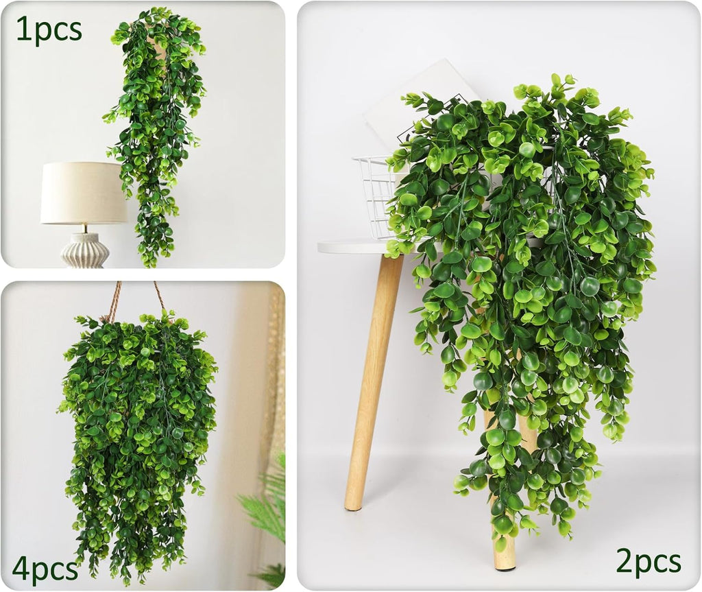 RECUTMS 4 Pack Artificial Hanging Plants Faux Eucalyptus Leaf Greenery Fake Plant for Wall House Room Patio Indoor Outdoor Home Shelf Office Decor (Green)