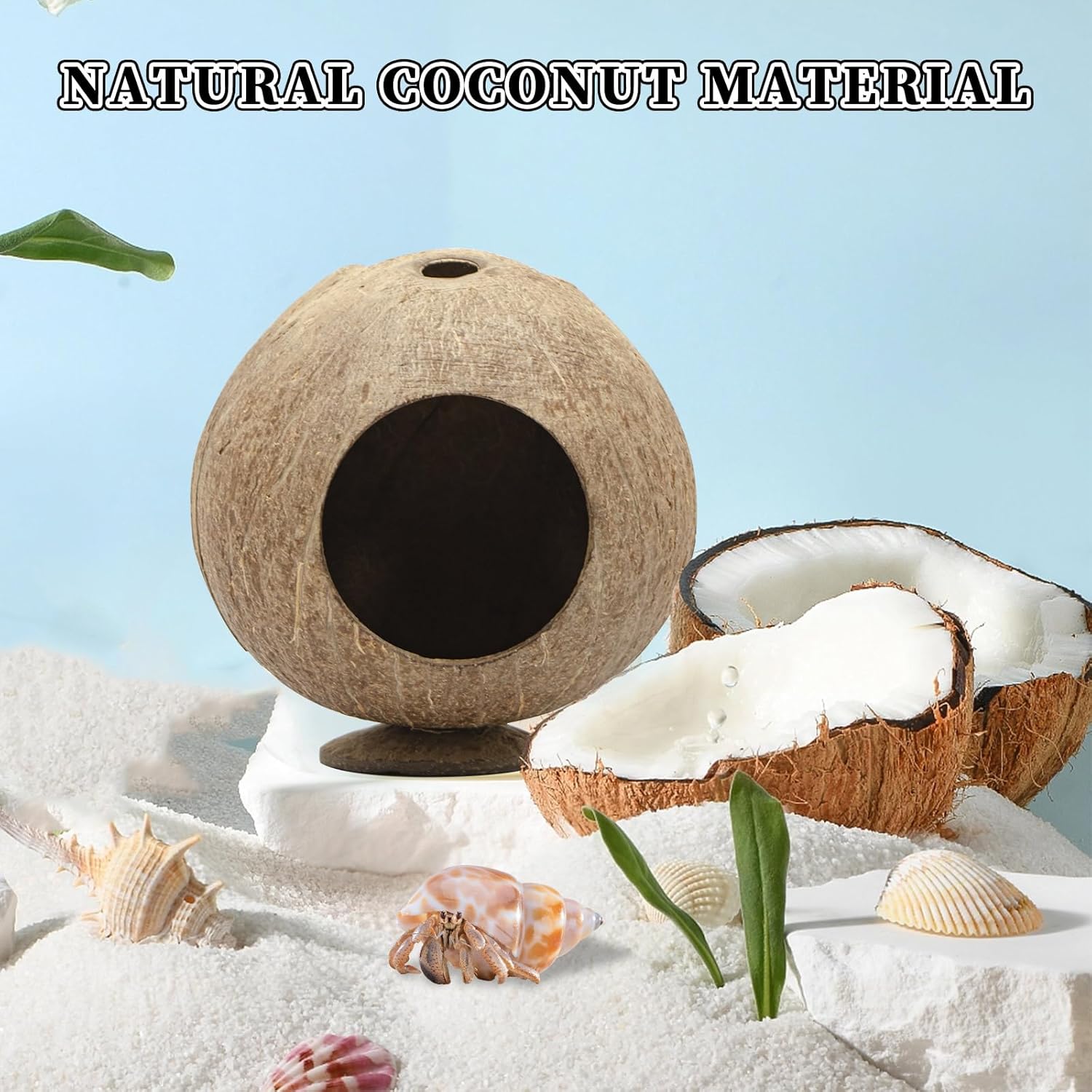 Hermit Crab Accessories, Natural Coconut Habitat Hide with Base, Reptile Tank Accessories, Coconut Hide, Habitat Hideout for Hermit Crab, Tarantula, Gecko and Other Small Animals