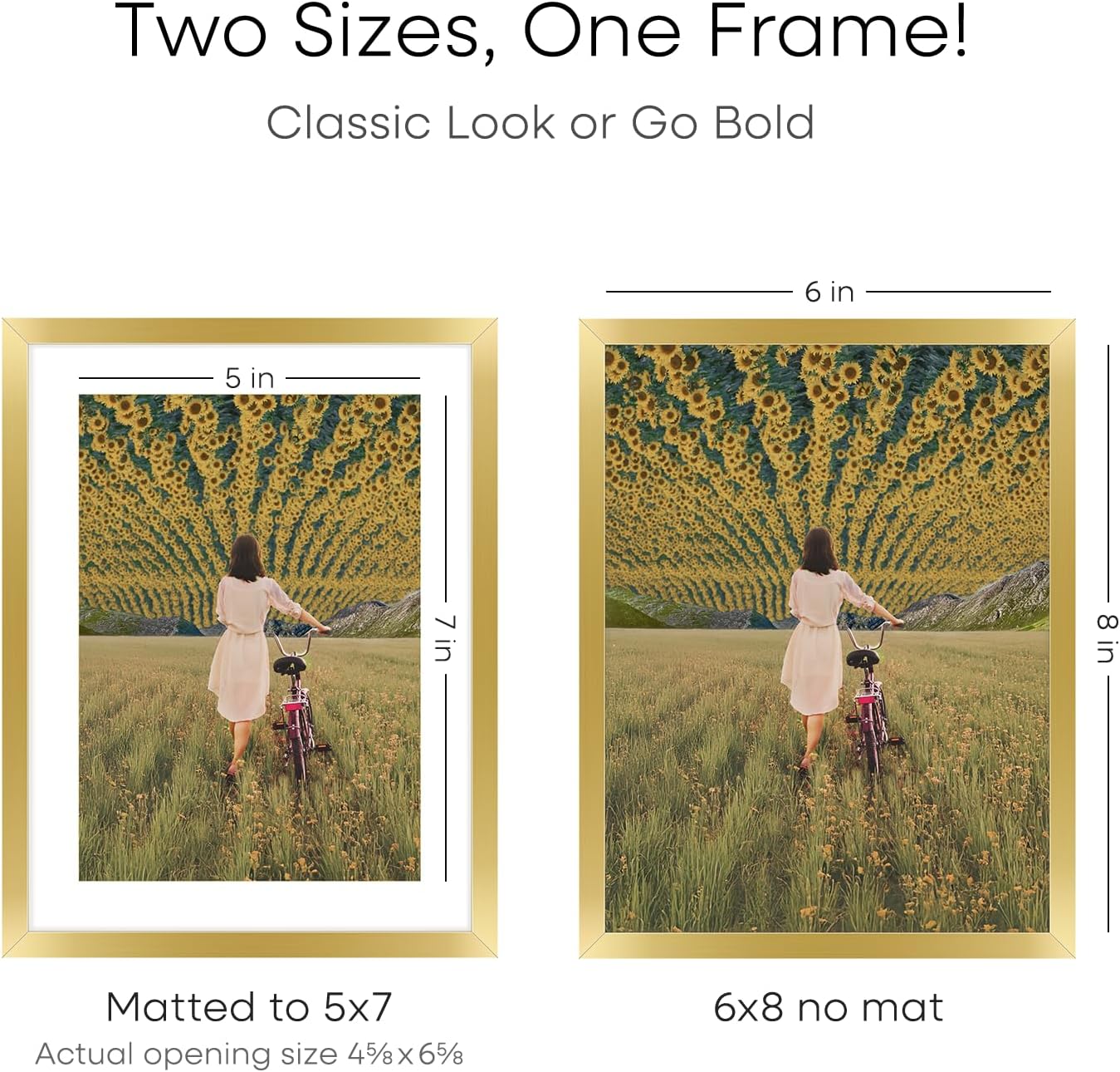 Homeforia 6x8 Picture Frame Gold, High End Metal 6 x 8 Frames with Mat 5 by 7 for Print, Photo Frame 6x8 Gold Matted to 5x7 inches Art, 6by8 Wall or Tabletop Frames, Tempered Glass, Wall Kit, Set of 2