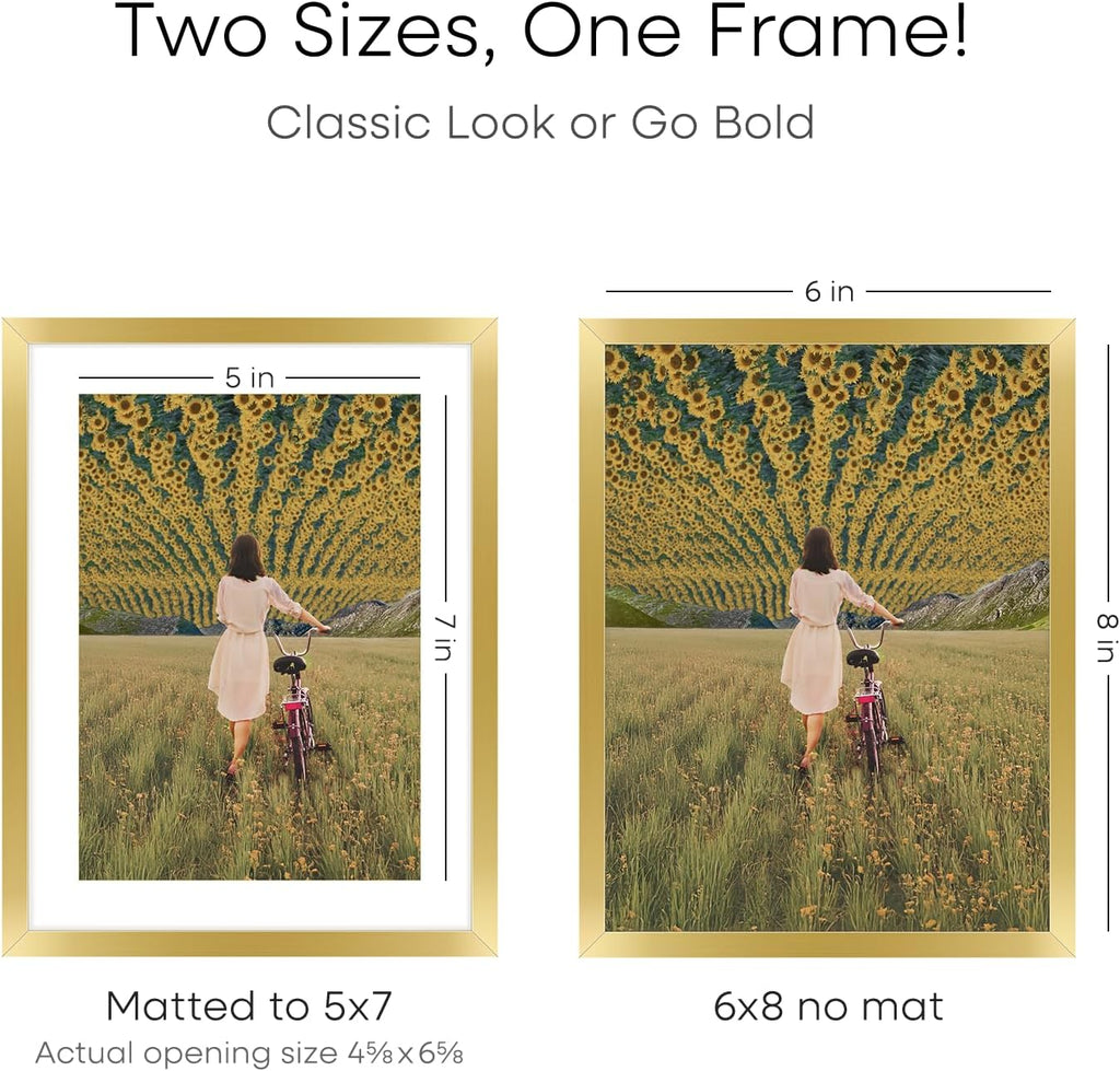 Homeforia 6x8 Picture Frame Gold, High End Metal 6 x 8 Frames with Mat 5 by 7 for Print, Photo Frame 6x8 Gold Matted to 5x7 inches Art, 6by8 Wall or Tabletop Frames, Tempered Glass, Wall Kit, Set of 4