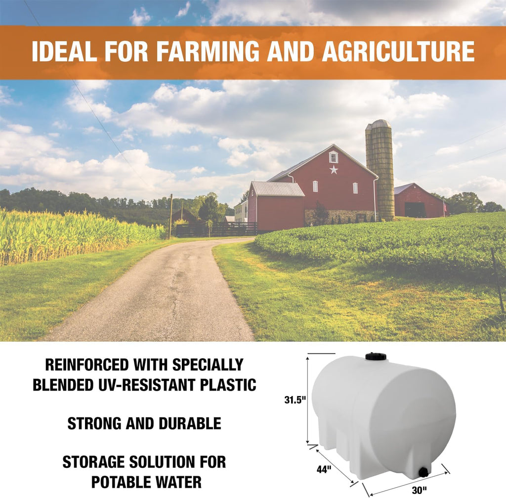 RomoTech 125 Gallon Polyethylene Storage Tank with Legs–Heavy-Duty Horizontal Water Storage Tank for Farms, Industrial or Chemical Use–UV-Resistant, Rustproof, BPA-Free Plastic Liquid Tank, 82123949