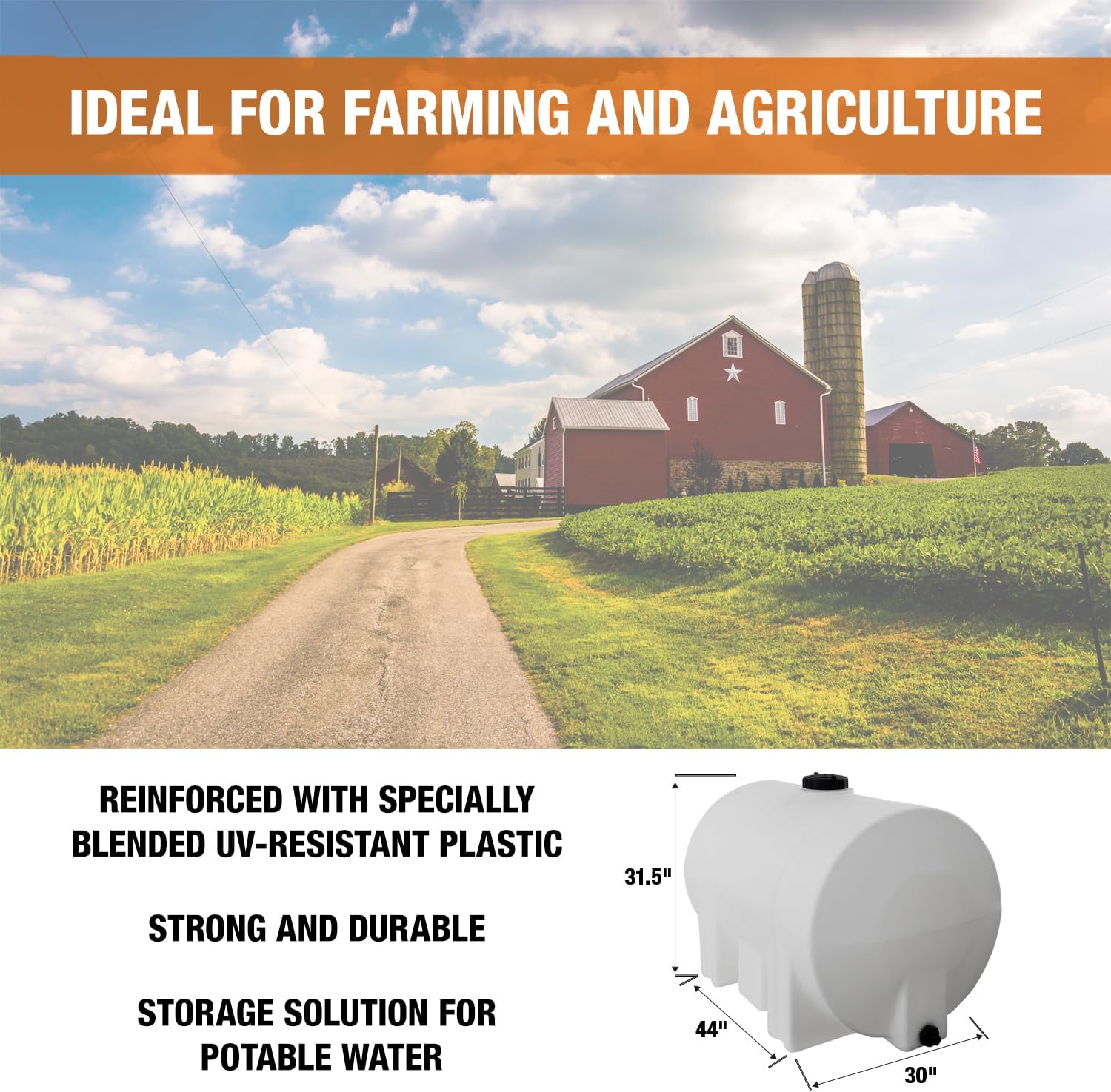 RomoTech 125 Gallon Polyethylene Storage Tank with Legs–Heavy-Duty Horizontal Water Storage Tank for Farms, Industrial or Chemical Use–UV-Resistant, Rustproof, BPA-Free Plastic Liquid Tank, 82123949